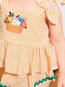 SHEIN 寶寶女孩可愛的夏季假日相間格紋和花卉圖案背心搭配短褲套裝