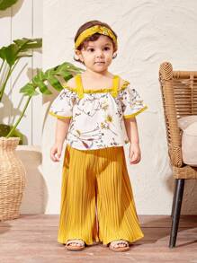 SHEIN Baby Girl's Summer Vacation Floral Print Color Block Tank Top And Pleated Pants Set