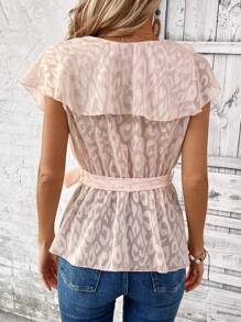 Chiquease Blusa de mujer con cuello en V, decoración de volantes y estampado de leopardo jacquard
