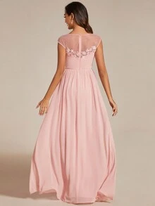 EVERPRETTY Rochie de domnișoară de onoare cu volană din șifon, broderie florală contrastantă - Roz - Vizualizare 2