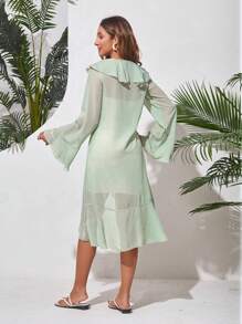 GENKIRA 女士長袖襯衫,褶邊下擺,前綁帶和拼接設計 - 青碧色 - 查看 2