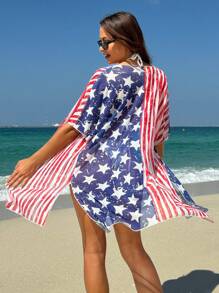 Swim Vcay Summer Beach Women's American Flag Print Open-Front Kimono Cover Up - Multicolor - View 1