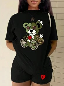 SHEIN Slayr 女式熊印花上衣和心形印花短褲套裝