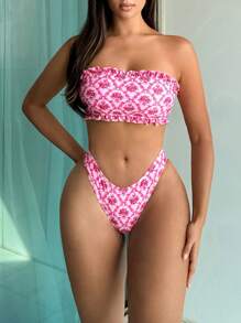 SHEIN Swim Women's Pink Bandeau Bikini Set With Random Print, Strapless Bikini Set Bathing Suit Beach Outfit Summer Vacation Summer Beach - Multicolor - View 4