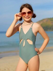 Tween Girl's Hollow Out One-Piece Swimsuit With Spaghetti Straps - Green - View 1