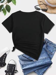 Teen Girls' Cartoon Letter Print T-Shirt - Black - View 2