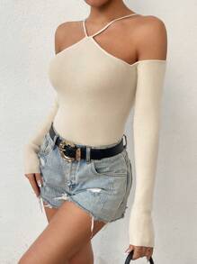 SHEIN Unity Women's Solid Color Cold-Shoulder Long Sleeve Sweater - White - View 5