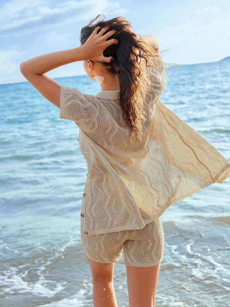 Anewsta Beach Vacation Style Loose Lace Hollow-Out Shorts & Knit Top 2Pcs Set, Khaki