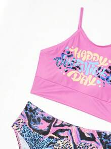 Teenage Girls' Letter Print Splice Animal Pattern Tankini Set - Multicolor - View 5