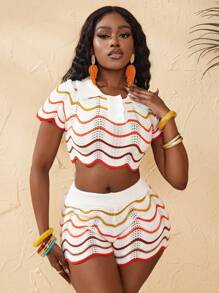 BamGleam Wave Pattern Short Sleeve Knitted Top And Shorts Casual Set