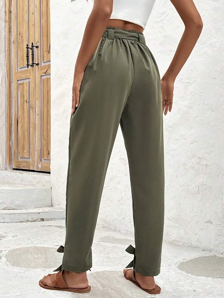 Solid Color Pleated Casual Tapered Pants With Slanted Pockets