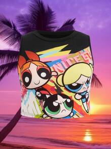 THE POWERPUFF GIRLS X SHEIN Plus Summer Cartoon And Letter Graphic Tank Top - Black - View 3