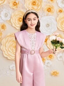 SHEIN Leap Crew DRMZ Tween Girl Tween Girl Casual Lace Splice Jumpsuit With Belted Waist And Wide Leg - Pink - View 2