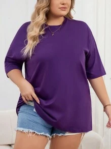 INAWLY 大尺碼女士純色圓領t恤 - 紫色 - 查看 3