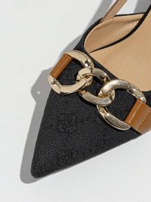 Women's Elegant Black High-Heeled Shoes With Vintage Floral Design Chain Decoration, Pointed Toe, Stiletto Heel And Ankle Strap, Suitable For Spring, Autumn, Outdoor,Daily Commute And Party Wear,Kitten Heels,Elegant,Women Pumps,Elegant - Black - View 5