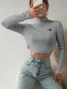 EURMUSE Của phụ nữ Love Thêu trái tim Đứng cổ áo Quần skinny Áo thun - Màu Xám nhạt - Xem 2