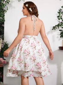 Flirla Vestido De Talla Grande Con Estampado Floral, Cuello Halter, Sin Espalda Y Bajo Con Volantes, Perfecto Para Vacaciones - Rosa - Ver 2