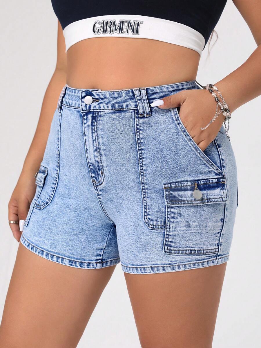 SHEIN ICON Kích thước lớn Của phụ nữ Quần short Denim Với Tiện ích Túi - Rửa nhẹ - Xem 1
