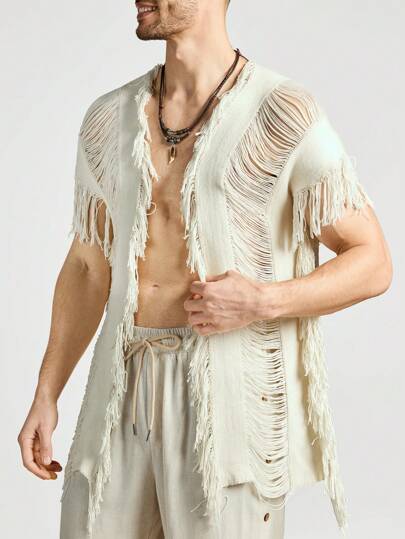 Manfinity BRENVOR גברים וינטג' שוליים גזוז קרדיגן כתף ארוכה רגילה חופשה בוהו