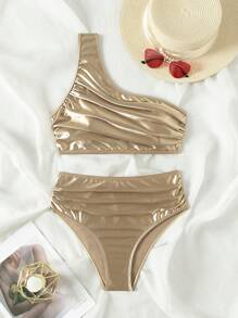 SHEIN Swim 女士褶皱单肩无袖比基尼套装，比基尼套装海滩泳装泳衣音乐节夏季，夏季海滩