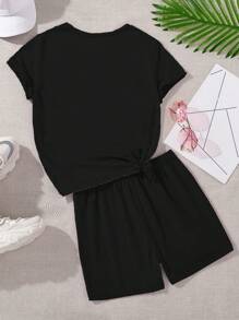 Teen Girls' Slogan & Printed Short Sleeve T-Shirt And Shorts Set