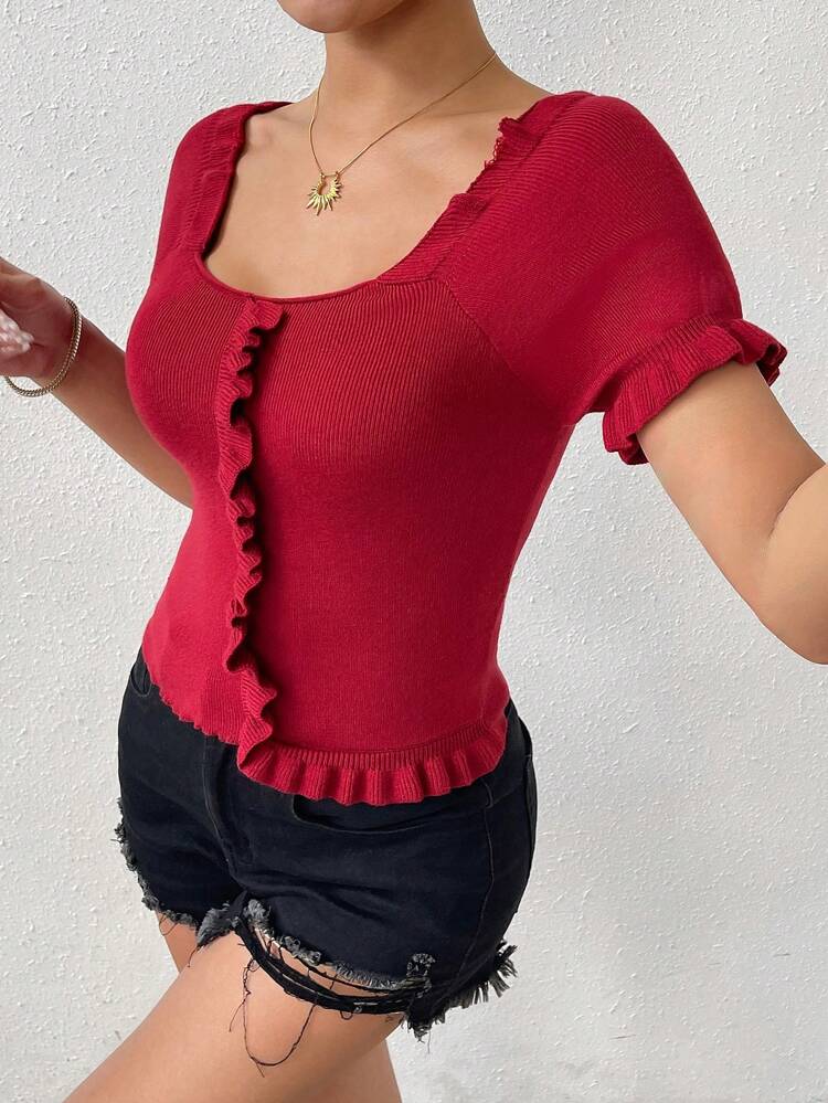 Women's Solid Color Raglan Sleeve Knitted Top With Patched Hem