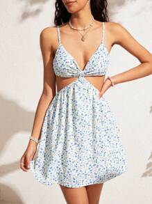 Soleia Ditsy Floral Print Hollow Out Spaghetti Strap Dress