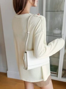 DAZY Của phụ nữ Màu thuần Vòng cổ Thả vai Tay áo dài Áo thun - Màu be - Xem 5