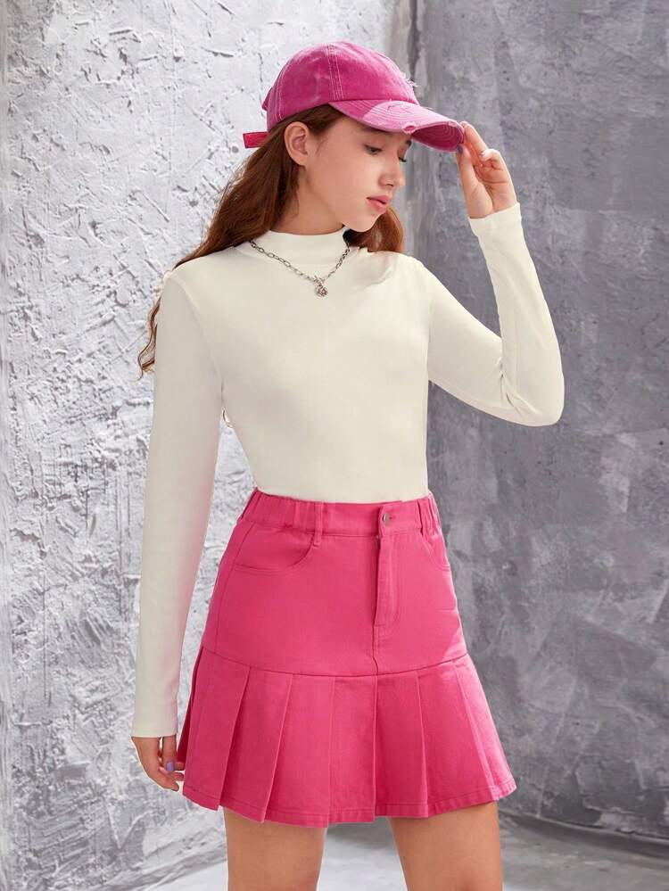 Teen Girl Casual Simple White Shirt And Rose Red Slit Skirt Outfit Set