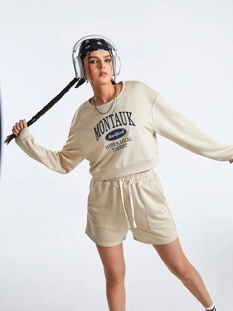 Letter Printed Long Sleeve Top And Shorts Sports Suit Women Tracksuit