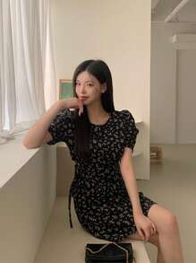 DAZY Floral Print Round Neck Tie Waist A-Line Dress Summer Sundress