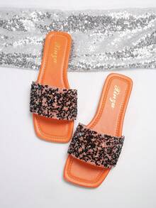 女士加大码平底凉鞋 2024 新款低跟水钻装饰简约系带舒适露趾户外休闲拖鞋 - 橘色 - 查看 4