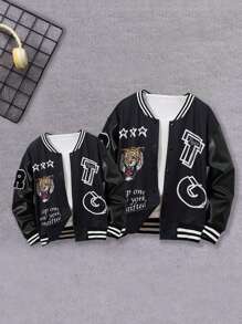 Nam Slogan & con hổ In Áo khoác bóng chày - màu đen - Xem 1