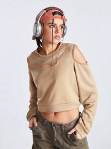 SHEIN Sports Màu thuần Cổ cao Mùa vụ Áo nỉ thể thao - Màu Khaki - Xem 4