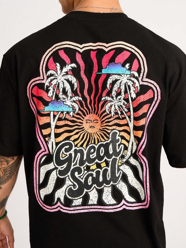 Men's Black Loose Fit Palm Tree Letter Printed Casual T-Shirt