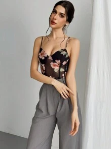 Firerie Floral Print Mesh Overlay Faux Boned Corset Top - Black - View 5