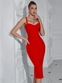 ADYCE Bustier Zip Back Midi Cami Bodycon Cocktail Party Bandage Dress - Red - View 6
