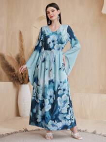 Al Najma Floral Printed Round Neck Bell Sleeve Kaftan - Blue - View 3