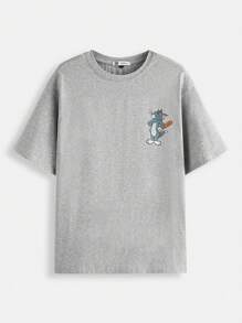 TOM & JERRY X SHEIN Hombres Camiseta Con Hombros Caídos Y Estampado De Dibujos Animados Y Letra
