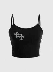 ROMWE Goth Basic Knit Stretchy Cross & Rhinestone Decor Cami Top And Shorts Set For Women, School