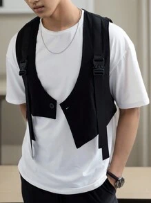 Claim Dot 1 件男士推扣带纯色装饰短款工装背心夹克，适合丈夫，秋季