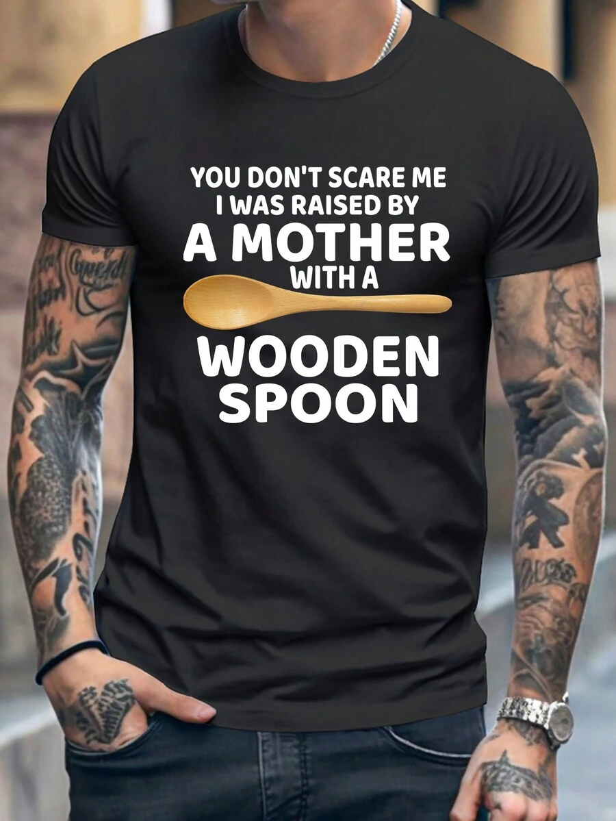 Áo thun nam casual in hình họa tiết mùa hè, áo thun cổ tròn in hình "Wooden Spoon", áo thun nam thời trang. - màu đen - Xem 1