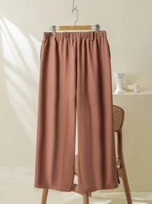 EMERY ROSE Plus Size Solid Color Pleated Wide Leg Pants - Brown - View 2