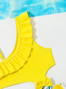SHEIN Traje De Baño De Una Pieza Para Niña Con Estampado De Frutas Y Plantas, Diseño Hueco Y Empalmado, Ribete De Volantes De Colores En Contraste