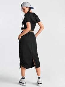Streetz SHEIN Sport Conjunto deportivo de medio cierre de cremallera y top con cordón ajustable en la cintura con falda - Negro - Ver 2