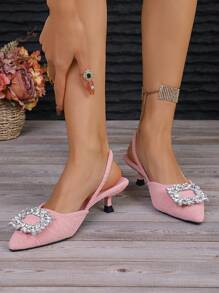 Women's Fashionable Plus Size Pink High Heels - Sexy Rhinestone Decor Buckle Chunky Heel Sandals For Nightclub Party - Pink - View 5