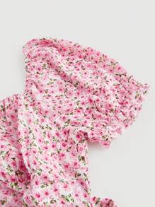 SHEIN MOD Plus Size Summer Floral Print Puff Sleeve Tie Back Blouse - Pink - View 3