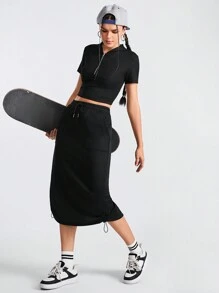 Streetz SHEIN Sport Conjunto deportivo de medio cierre de cremallera y top con cordón ajustable en la cintura con falda - Negro - Ver 3