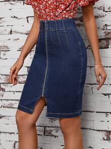 SHEIN LUNE Front Zipper Slim Fit Denim Skirt - Blue - View 4