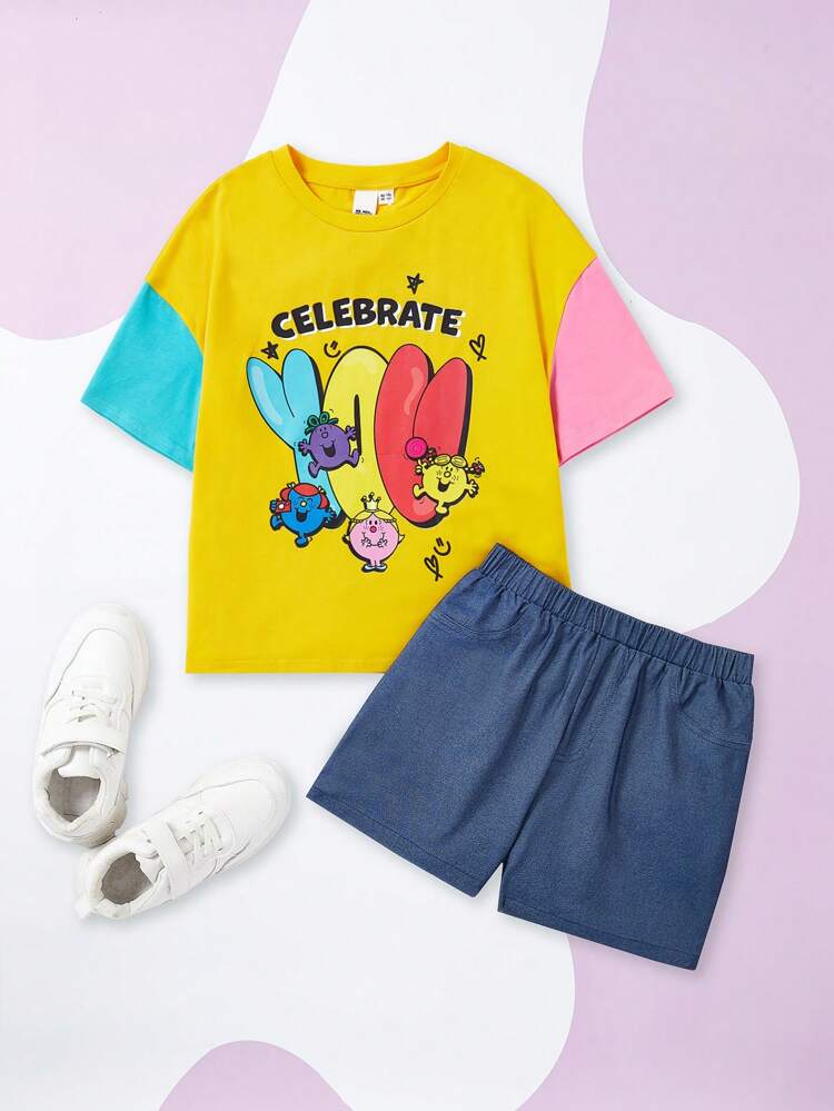 Tween Girl Cartoon Letter Printing Color-Block T-Shirt And Shorts Set